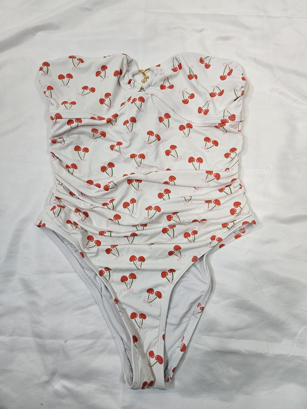 Betsey Johnson White Strapless One-Piece Swimsuit with Red Cherry Print